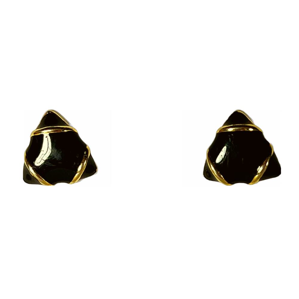 Black Enamel and Gold Tone Vintage Earrings, 1980s Triangle Pierced Studs